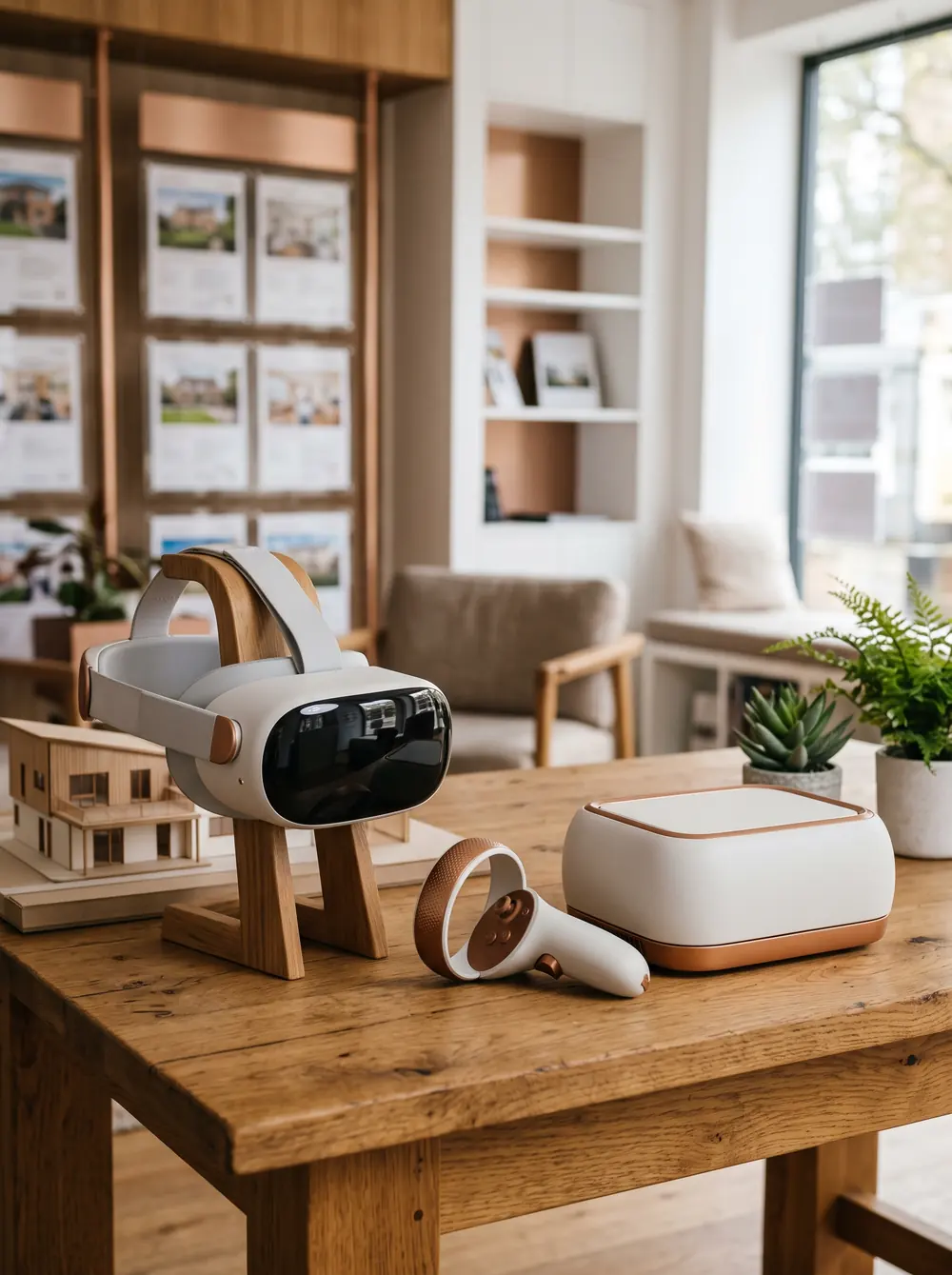 VR headset and controllers on a desk in a real estate office